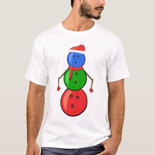 Grappige kerst bowling ballen sneeuwman t-shirt (Voorkant)
