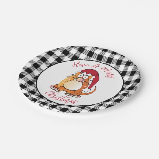 Grappige Kerst Cartoon Cat Santa Hat Vakantie Papieren Bordje (Gekanteld)