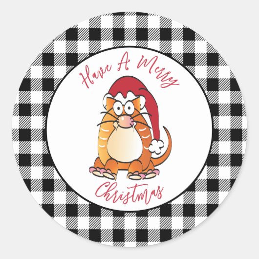 Grappige Kerst Cartoon Cat Santa Hat Vakantie Ronde Sticker (Voorkant)