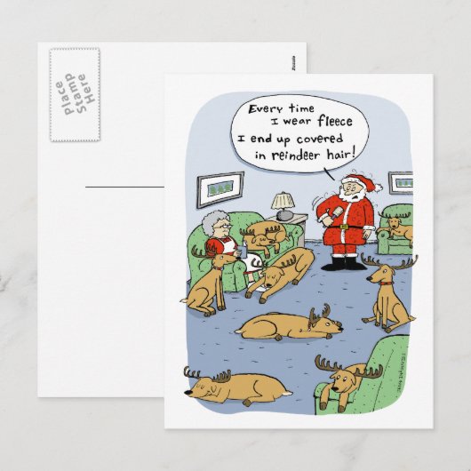 Grappige kerst Cartoon rendier haar en fleece Feestdagenkaart (Voorkant / Achterkant)