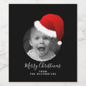 Grappige Kerst Custom Foto Santa Hat Familienaam Wijn Etiket (Enkel label)