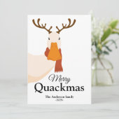 Grappige kerst eend draagt herten gewei feestdagenkaart (Staand voorkant)