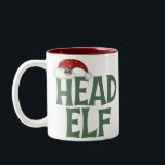 Grappige kerst elf Mok<br><div class="desc">Koop dit kerstcadeau met de grappige ondertitel,  Head Elf,  met een pet voor de kerstman bovenaan.</div>