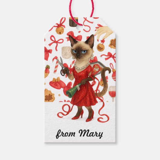 Grappige Kerst Glam Siamese Kat Vakantie Cadeaulabel (Voorkant)