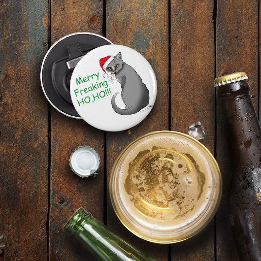grappige kerst grijs kat button flesopener
