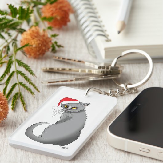 Grappige Kerst Grijze Kat Sleutelhanger (Voorkant Rechts)