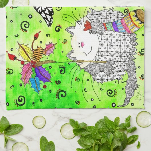 Grappige Kerst Hond, Kat en Muis Keuken Handdoek (Gevouwen)