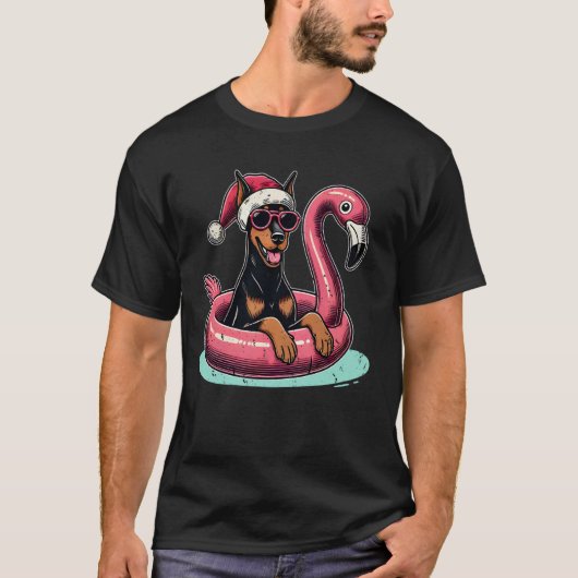Grappige kerst in juli Dobermann hond Kerstman Fla T-shirt (Voorkant)