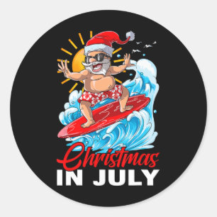 Grappige kerst in juli Kerstman surft zomerstrand Ronde Sticker