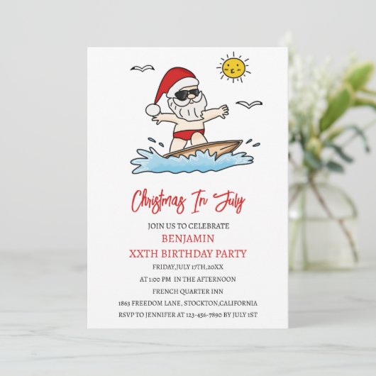Grappige kerst in juli verjaardagsfeestje kaart (Staand voorkant)