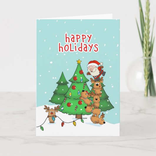 Grappige kerst Kaart - Kerstman en zijn helpers (Voorkant)