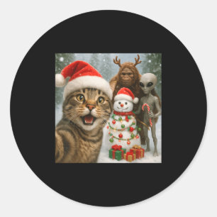 Grappige kerst kat selfie met Bigfoot Alien & amp Ronde Sticker