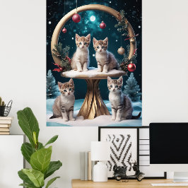 Grappige kerst Kittens op Gold Stand Poster