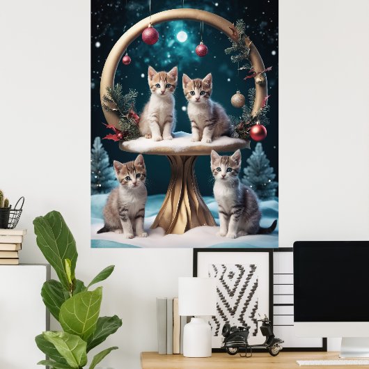 Grappige kerst Kittens op Gold Stand Poster (Thuiskantoor)