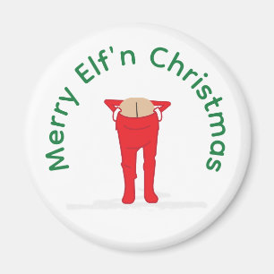 Grappige Kerst Knop met Elfen die hun Billen Laten Magneet
