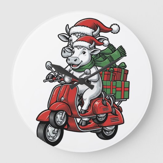 Grappige Kerst Koerijdende Scooter Vintage Design_ Grote Klok (Voorkant)