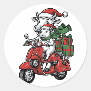 Grappige Kerst Koerijdende Scooter Vintage Design_ Ronde Sticker
