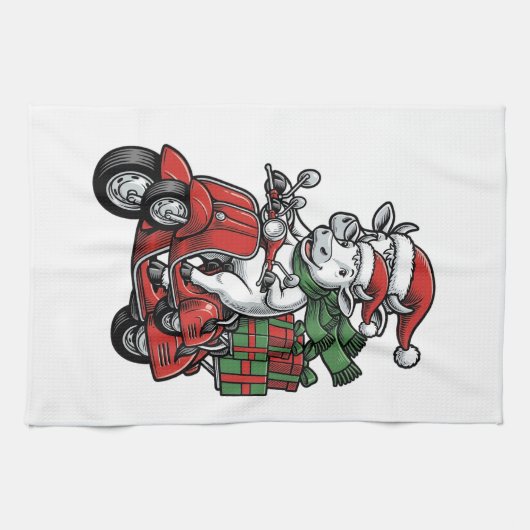 Grappige Kerst Koerijdende Scooter Vintage Design_ Theedoek (Horizontaal)
