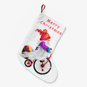 Grappige Kerst Kous Gnome met fiets en geschenk Kleine Kerstsok
