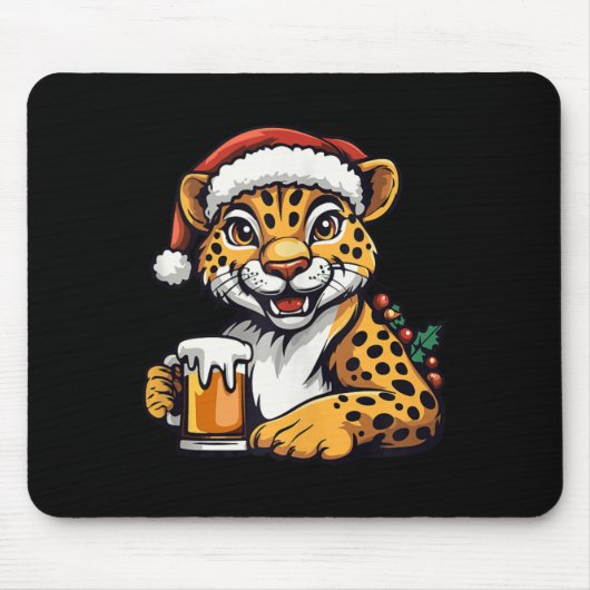 Grappige kerst luipaard met bier strip muismat (Voorkant)