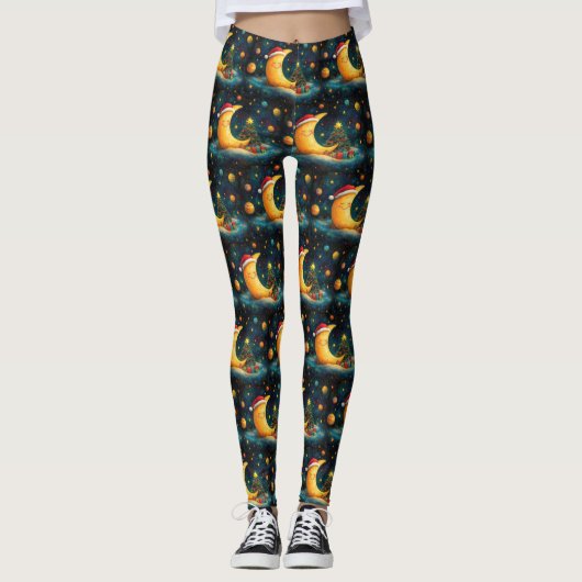 Grappige kerst maan galaxy viering leggings (Voorkant)