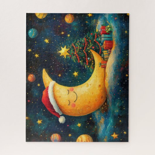 Grappige kerst maan galaxy viering legpuzzel (Verticaal)