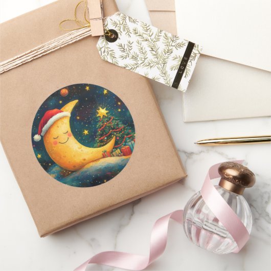 Grappige kerst maan galaxy viering ronde sticker (Geschenken)