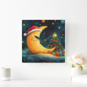 Grappige kerst maan galaxy viering vierkante klok (Huis)