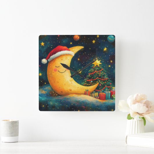 Grappige kerst maan galaxy viering vierkante klok (Huis)