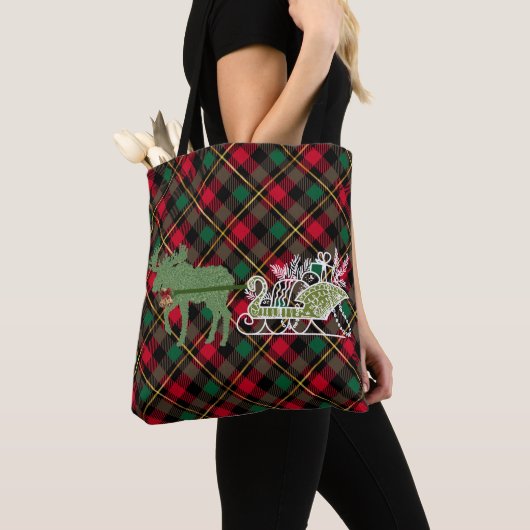 grappige kerst Moose Topiary Sleigh Tote Bag (Dichtbij)
