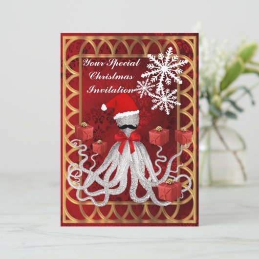 Grappige kerst octopus op rode damast kaart (Staand voorkant)