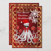 Grappige kerst octopus op rode damast kaart (Voorkant / Achterkant)