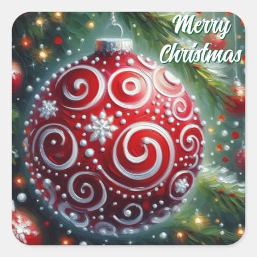 Grappige kerst ornament rood wit wervelingen vierkante sticker (Voorkant)