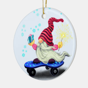Grappige kerst ornament skater gnoom met geschenke
