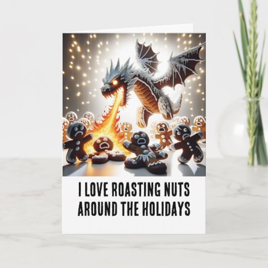 Grappige kerst: peperkoek draak roosteren noten kaart (Voorkant)