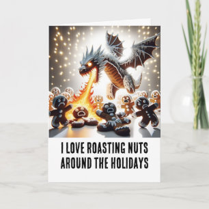 Grappige kerst: peperkoek draak roosteren noten kaart