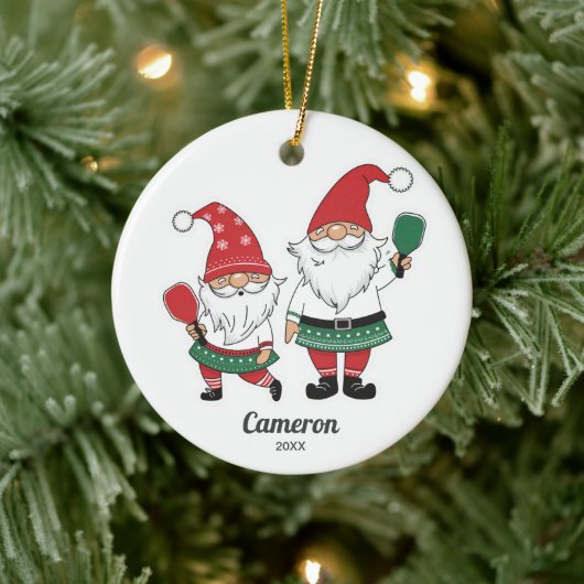 Grappige kerst pickleball kabouters, uw foto tekst keramisch ornament (Boom)