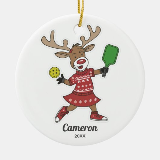 Grappige kerst pickleball rendier, aangepaste foto keramisch ornament (Voorkant)