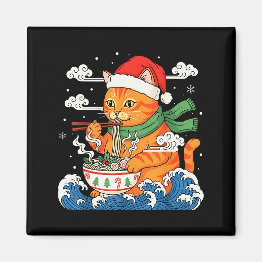 Grappige Kerst Ramen Kat Eet Noedels Japans Magneet (Voorkant)