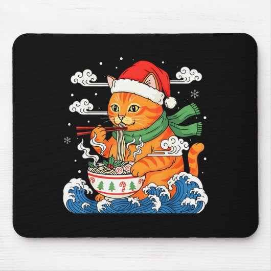 Grappige Kerst Ramen Kat Eet Noedels Japans Muismat (Voorkant)