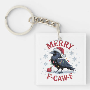 Grappige Kerst Raven Gelukkig F-Caw-F Zwarte Vogel Sleutelhanger