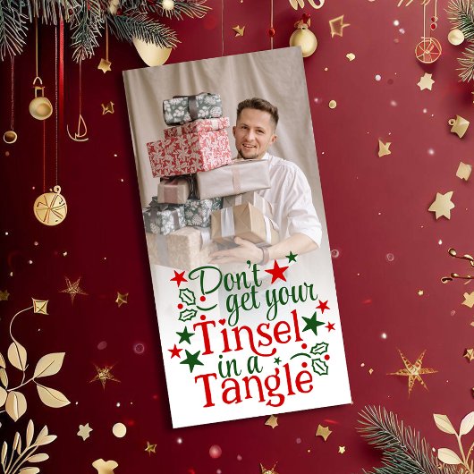 Grappige Kerst Rode Groene Tinsel Foto Feestdagenkaart