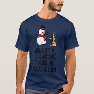 Grappige kerst sneeuwman wortel konijn comic carro t-shirt