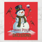 Grappige kerst sneeuwpop giet beslissingen wijn etiket (Enkel label)