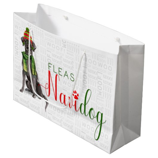 Grappige kerst vlooien navidog met zwart lab groot cadeauzakje (Voorkant Gekanteld)