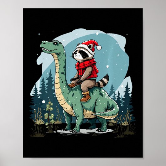 Grappige kerst wasbeer rijden dinosaurus Trex Anim Poster (Voorkant)