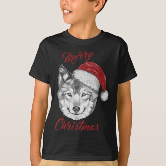 Grappige kerst wolf met kerstmuts t-shirt (Voorkant)
