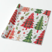 Grappige kerstbomen op geplakt patroon cadeaupapier (Uitgerold)