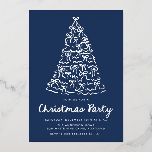 Grappige Kerstboom Bows Navy Holiday Party Folie Uitnodiging (Voorkant)