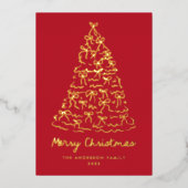 Grappige kerstboom buigt rood niet-foto folie feestdagenkaart (Voorkant)